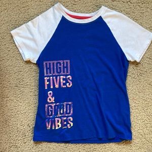 Girls Kids High Fives and Good Vibes blue and white tee shirt.